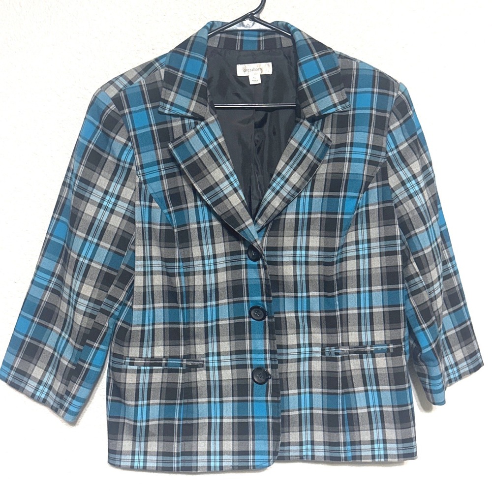 Plaid Womens Blazer Jacket XL Blue 3/4 Sleeve Dressbarn Button Career Casual